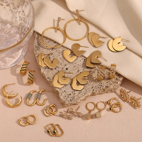 Stainless Steel Gold Plated C Shape Hoop Earrings For Women Heart Evil Eye Rhinestone Artificial Pearl Geometric Jewelry