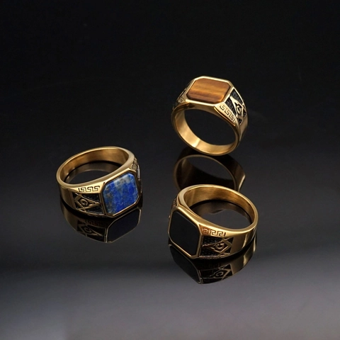 Chevalière Franc-Maçonnerie Homme Vintage Acier Titane Pierre Carrée Œil De Tigre Lapis-Lazuli Symbole Maçonnique G