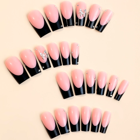French Press On Nails Coffin Long False Nails With 3D Silver Butterfly Rhinestone Black Tip Nude Pink For Women