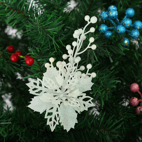 Christmas Flower Poinsettia Ornaments With Glitter Berries Artificial Floral Decoration For Holiday Tree Party Festive Decor