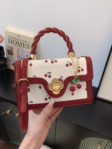 Borsa A Tracolla Da Donna In Pelle PU Con Stampa Ciliegia Piccola Borsa A Mano Quadrata Con Chiusura A Fiore Manico Intrecciato E Ciondolo Ciliegia