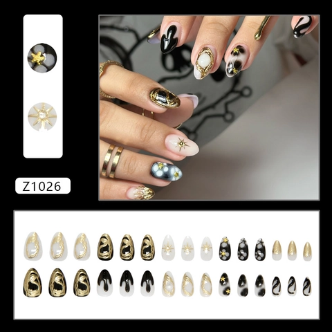 Press On Nägel 3D Gothic Totem Seestern Sternenstrahl Künstliche Perle Flüssigmetall Mandelform Schwarz Gold Elegant Frauen Abnehmbar