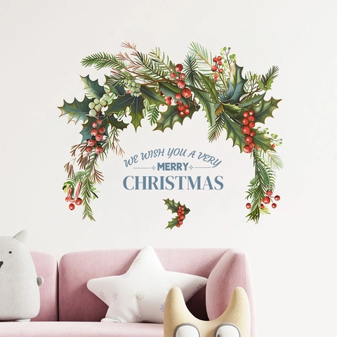Pegatina De Pared Corona De Navidad PVC Autoadhesivo Cita Feliz Navidad Calcomanía Festiva Para Sala De Estar Decoración