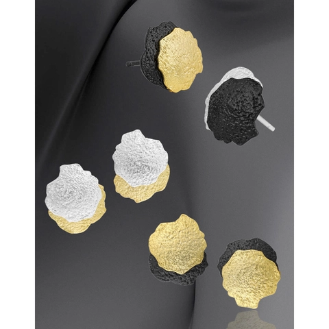 S925 Sterling Silver Irregular Texture Stud Earrings Minimalist Cool Vintage Metallic Two Tone Jewelry For Women