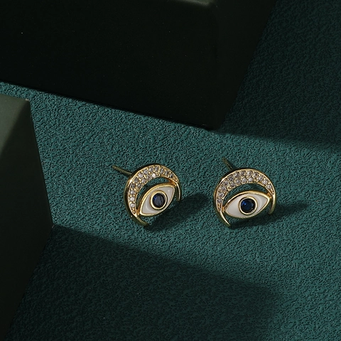 Vintage Gold Plated Copper Zirconia Evil Eye Stud Earrings For Women Fashion Blue Stone Inlaid Crescent Moon Piercing Jewelry