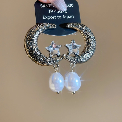 Vintage Gold Mond Stern Künstliche Perlenohrringe Mit 925 Sterling Silber Ohrring Stecker Legierung Strass Himmlischer Schmuck Damen