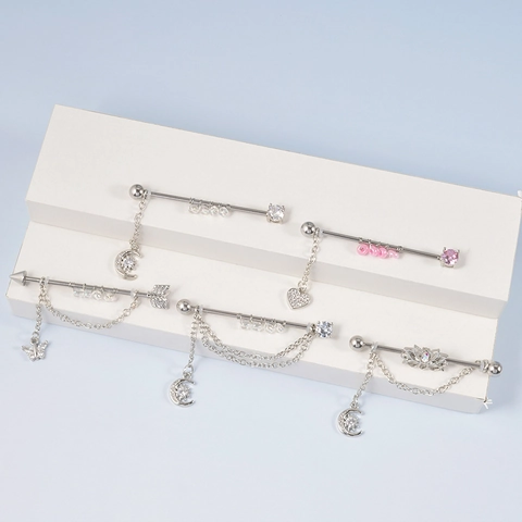 Roestvrijstalen Industriële Barbell Oorbellen Met Ketting Hart Maan Vlinder Hanger Cubic Zirconia Kralen Sieraden