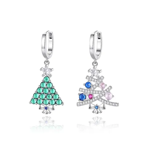 Pendientes Árbol de Navidad Circonia Cobre Galvanizado Pendientes de Botón Asimétricos de Piedra Multicolor Joyería de Mujer Regalo