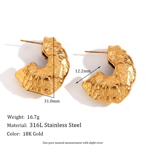Gehämmerte Fächer-Ohrstecker 18K Vergoldeter 316L Edelstahl Hohl Ausgeschnitten Geometrisch C-Förmiger Schmuck Für Damen