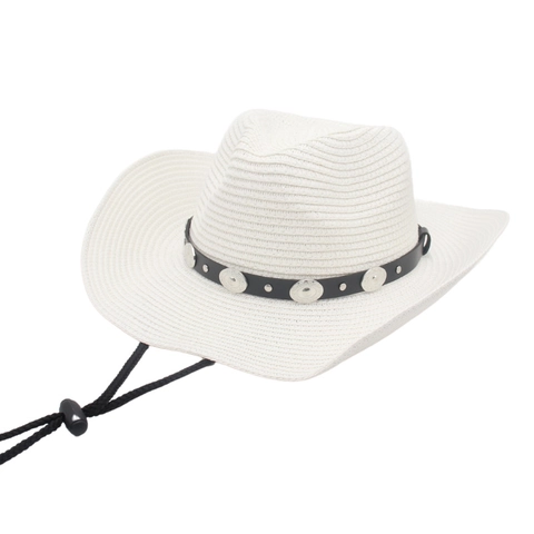 Chapeau de Paille Raffia Panama Cowboy Homme Femme Avec Cordelette Ajustable Bande en Cuir Clous Métalliques Soleil Plage