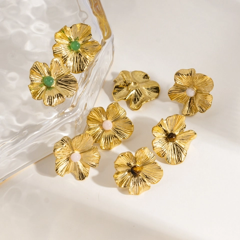 Edelstahl Blume Ohrstecker Mit Naturstein Inlay Retro Elegant Vergoldet Schmuck Für Frauen