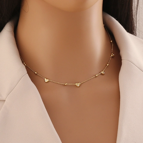 Herz Anhänger Halskette Edelstahl Vergoldet Perlenkette Strass Zierlicher Minimalistischer Schmuck Damen
