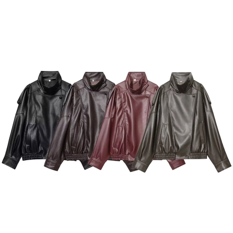 Giacca In Pelle Pu Da Donna Collo Alto Cappotto In Ecopelle Streetwear Vestibilità Ampia Biker Orlo Elastico Cerniera