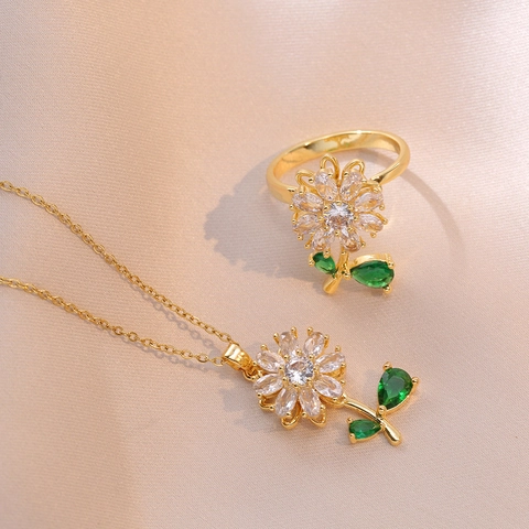 Roterende Zonnebloem Roestvrij Staal Cubic Zirconia Smaragdgroen Hanger Ketting Ring Armband Draaibare Bloem Sieraden