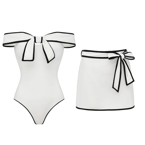Women Swimsuit And Skirt Bow Contrast Piping V Neck Nylon Polyester Retro Elegant Beachwear