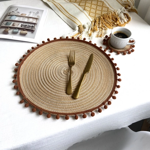 Sets De Table Dessous De Verre Ronds Tissés Pompon Polyester Fil Métallique Résistant Chaleur Antidérapant Boho