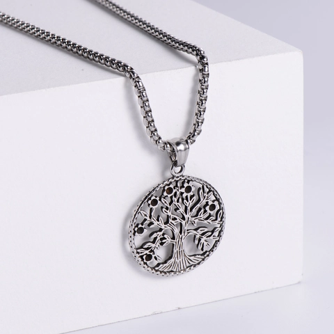 Tree Of Life Pendant Necklace Round Hollow 304 Stainless Steel Retro Punk Jewelry For Men Women