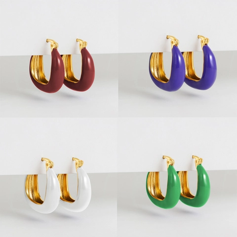Franse Vintage Emaille Creolen 18K Verguld Koper U-Vormige Geometrische Oorbellen Mokkabruin Voor Dames