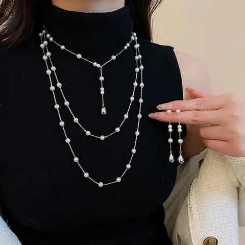 Collar Y Pendientes Vintage Con Perlas Artificiales De Imitación Colgante De Gota De Agua Cadena En Y Poste De Plata Mujeres