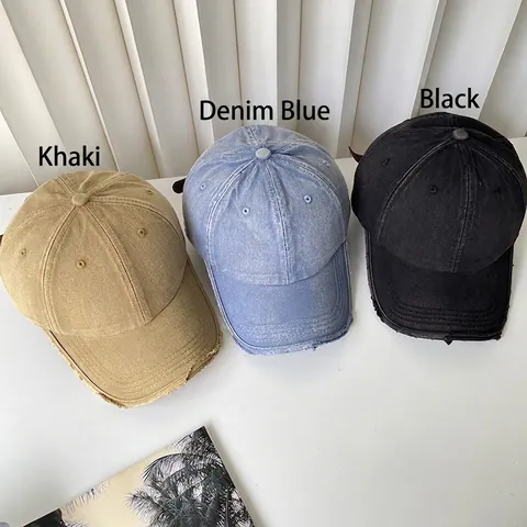 Washed Cotton Baseball Cap Distressed Frayed Edge Retro Denim Sun Hat Adjustable Leather Strap Vintage Style
