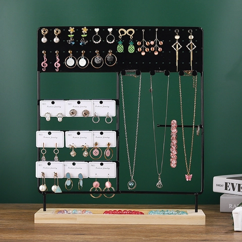 Jewelry Display Stand Metal And Wood Earring Organizer Necklace Holder Desktop Rack For Rings Bracelet Storage