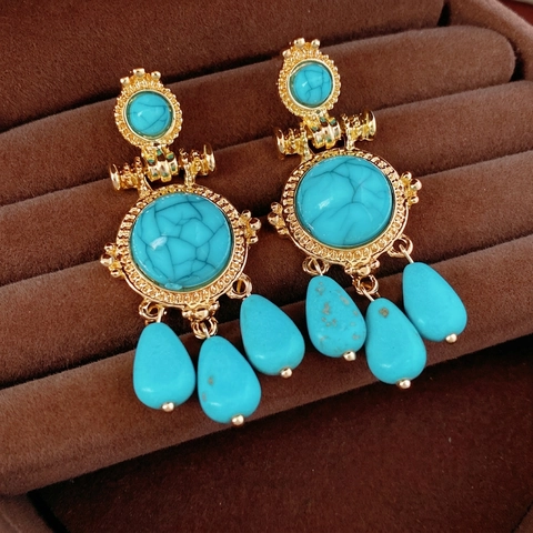 Orecchini Pendenti Boho Vintage Lega Oro Pietra Stile Turchese Con Perno In Argento Etnico Per Donna