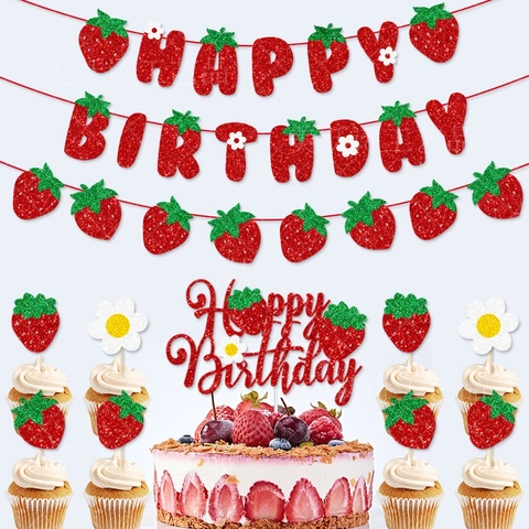 Strawberry Birthday Party Decoration Glitter Paper Banner Cake Topper Cupcake Toppers Fruit Theme For Kids Red Green