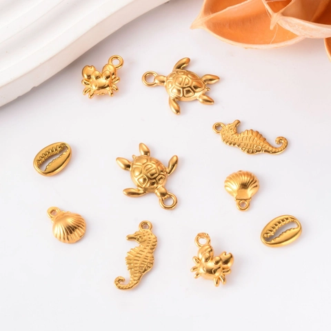 Stainless Steel Marine Animal Charms Gold Sea Turtle Seahorse Crab Shell Pendants For DIY Jewelry Making Necklaces