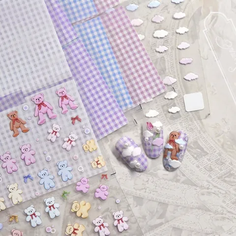 5D Embossed Nail Art Stickers Relief Cloud Teddy Bear Patterns Self Adhesive Manicure Decoration For Women And Girls
