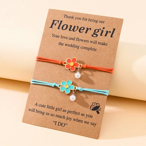 Woven Adjustable Flower Bracelets With Acrylic Pearl Alloy Enamel Floral Charm Bridesmaid Flower Girl Wedding Jewelry Gift