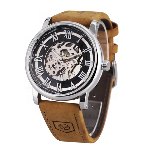 Men Skeleton Mechanical Watch Roman Numerals Luxury Leather Strap Stainless Steel Case Luminous Hands Fashion Round Dial