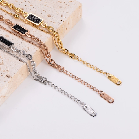Pulsera De Cadena Doble Capa De Acero Inoxydable 316L Con Colgante De Strass Negro Rectangular Estilo Hip Hop