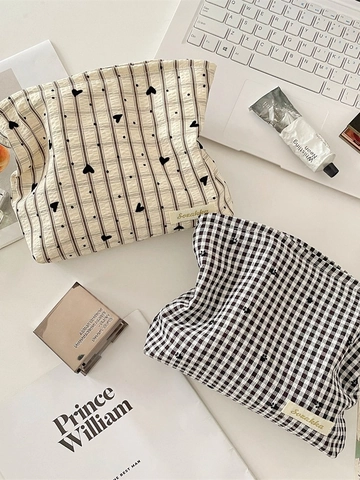 Trousse De Maquillage Grande Capacité Toile Polyester Portable Pochette De Rangement De Toilette Pour Femmes Style Ins Motif Cœur À Carreaux Organisateur Zippé