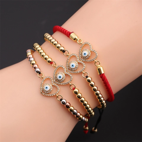 Evil Eye Herz Armband Kupfer Vergoldet Zirkonia Verstellbar Webseil Schutzschmuck Für Frauen
