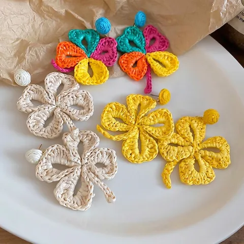 Orecchini Intrecciati In Erba Di Raffia Fiore Bohemien Con Perno In Argento Quadrifoglio Vacanza Gioielli Per Donne