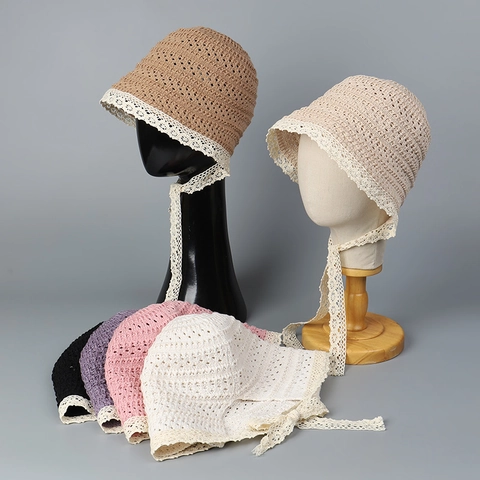 French Vintage Hollow Crochet Bucket Hat With Lace Trim And Ties Summer Sun Protection Fisherman Hat For Women Breathable