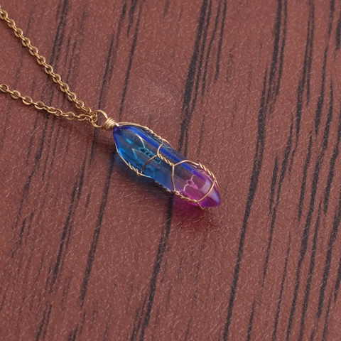 Collar Colgante Columna Cristal Hexagonal Envuelto En Alambre Arcoiris Cadena Acero Inoxidable Joyería Para Mujer