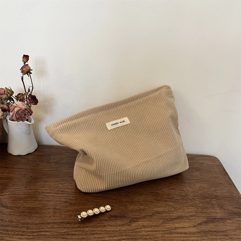 Corduroy Makeup Bag Zipper Cosmetic Pouch Women Retro Maillard Color Storage Bag Canvas Lining Travel Clutch Handbag