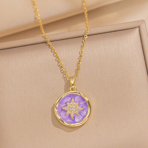 Eight Point Star Pendant Necklace Titanium Steel Shell Enamel Zircon Geometric Round Fashion Jewelry For Women