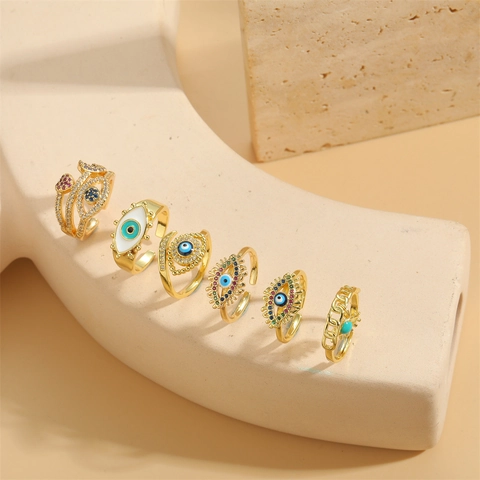 Böser Blick Verstellbarer Ring Kupfer Zirkon Emaille Herz Mond Vintage Bohemian Schmuck Für Damen