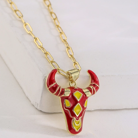 Collar Con Colgante De Cabeza De Toro Cobre Chapado En Oro De 18K Esmalte Cráneo De Buey Hip Hop Joyería Para Mujer