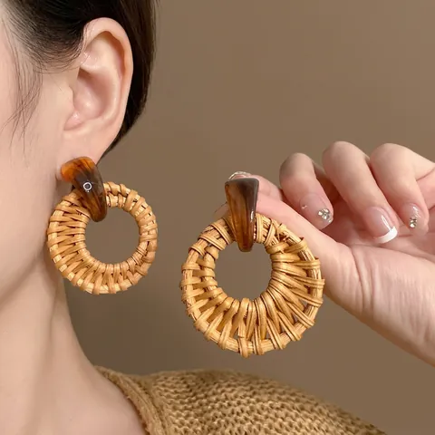 Pendientes Bohemios de Ratán Tejidos Mujer Retro Resina Madera Concha Joyería de Playa 925 Plata de Ley