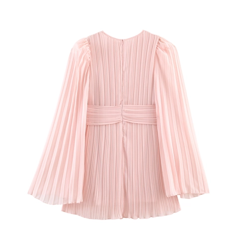Mini Abito Pieghettato Rosa Donna Elegante Chiffon Lunghe Maniche A Campana Girocollo Cintura