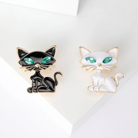 Broche Chat En Alliage Émail Forme D'animal Avec Yeux En Cristal Vert Mode Vintage Pour Accessoire De Costume Femme