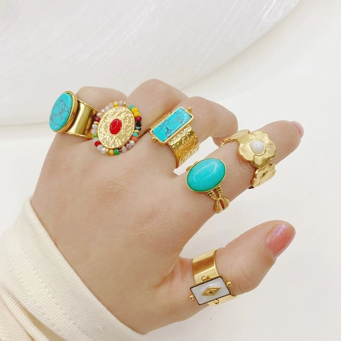Vintage Bohemian Stainless Steel Ring 14K Gold Plated Turquoise Shell Adjustable Open Ring For Women Geometric Flower Jewelry