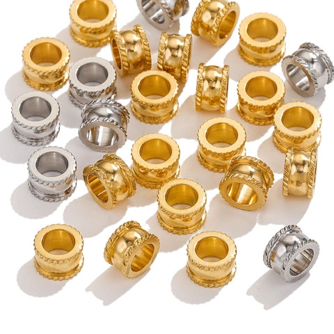 Stainless Steel Spacer Beads Twill Pattern Textured Large Hole Round Beads For DIY Bracelet Necklace Jewelry Making Accessory Color Preserving