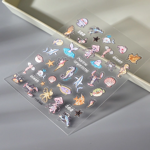5D Reliëf Nagelstickers Oceaan Mariene Organismen Thema Waterdicht Zelfklevend Zeepaardje Schelp Kwal Manicure Decoraties