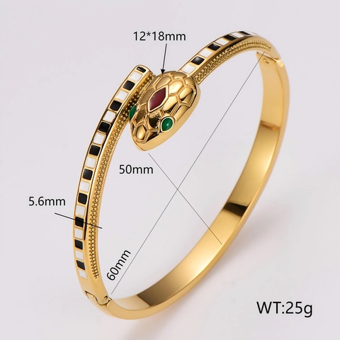 Fashion Snake Shape Bangle 304 Stainless Steel Gold Plated Bracelet For Women With Black White Enamel And Green Accents