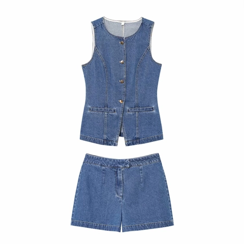 Completo Gilet Di Denim E Pantaloncini Da Donna Due Pezzi Casual Senza Maniche Monopetto Girocollo Streetwear Blu
