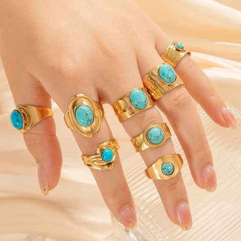 Bohemian Turkoois Roestvrij Staal Open Ring Retro Gehamerde Textuur Verstelbare Vinger Sieraden Voor Dames En Heren